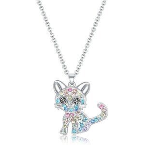 925 Sterling Silver Girls Rainbow Cat Birthstone Necklace For Cat Lover Women